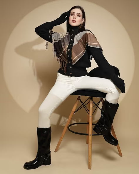 Esther Plaid Cape Knitted High Neck Down Button Poncho Sweater