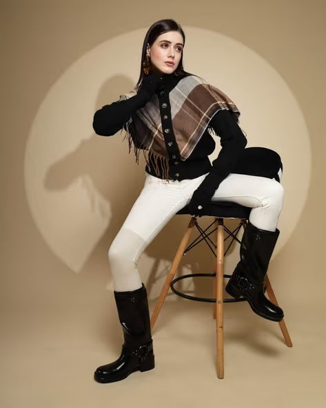 Esther Plaid Cape Knitted High Neck Down Button Poncho Sweater