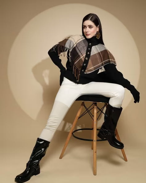 Esther Plaid Cape Knitted High Neck Down Button Poncho Sweater