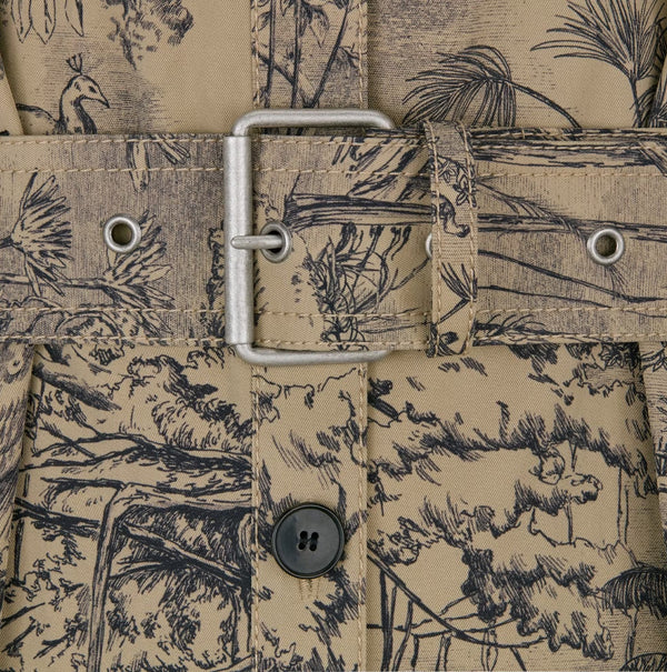 Elegant Long-Sleeve Trench Dress With Intricate Nature Print