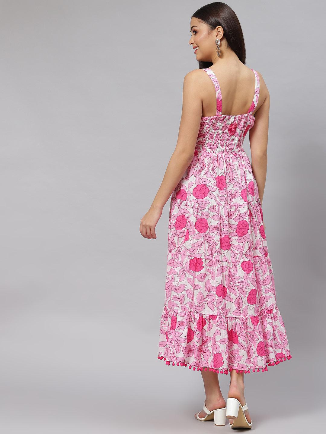 Divena white & Pink Floral Shoulder Strip Long Dress - divena world