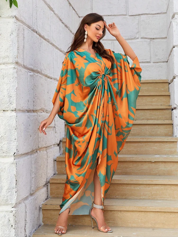 Women's Elegant Calf-Length Kaftan with Vibrant Floral Print, Crafted from Luxurious Milk Silk Fabric