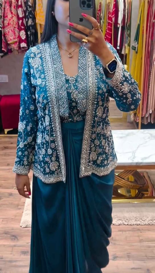 Indo Western Embroidered Pleated Skirt Dress