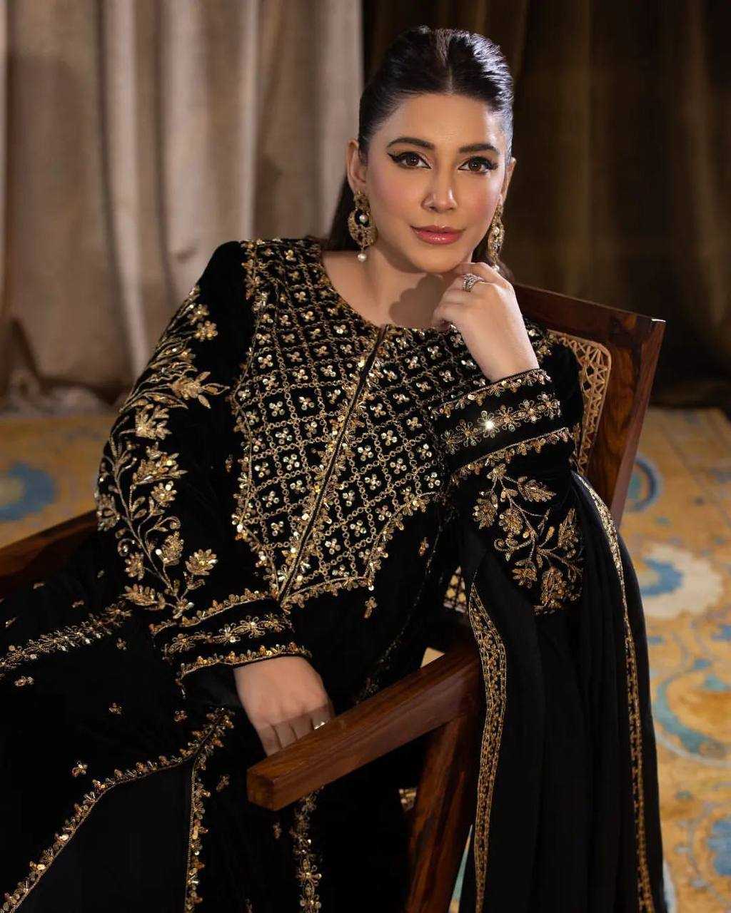 Pakistani Velvet Embroidered Black Salwar Suit