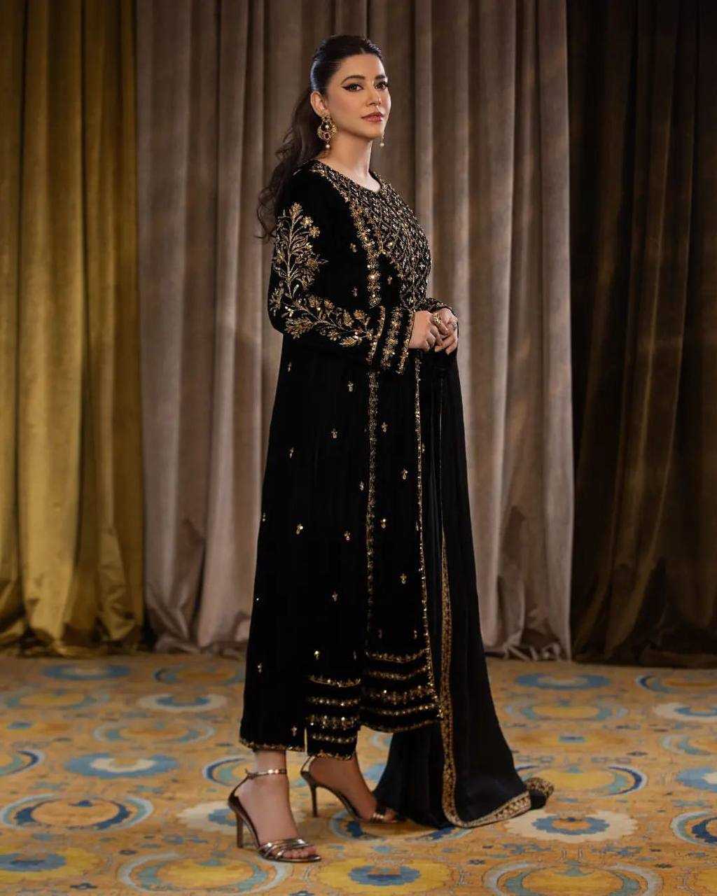 Pakistani Velvet Embroidered Black Salwar Suit