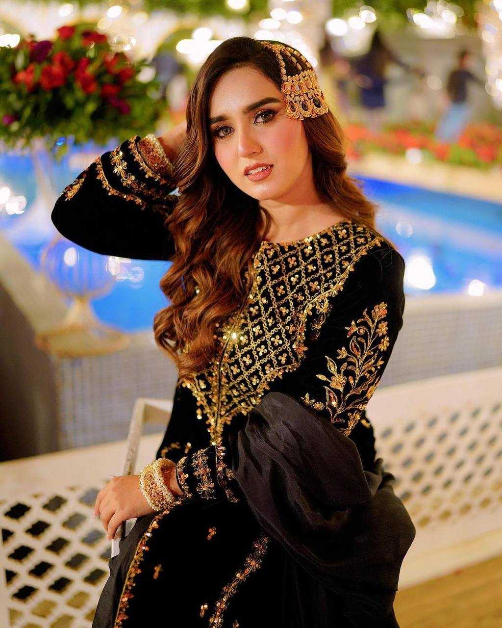 Pakistani Velvet Embroidered Black Salwar Suit