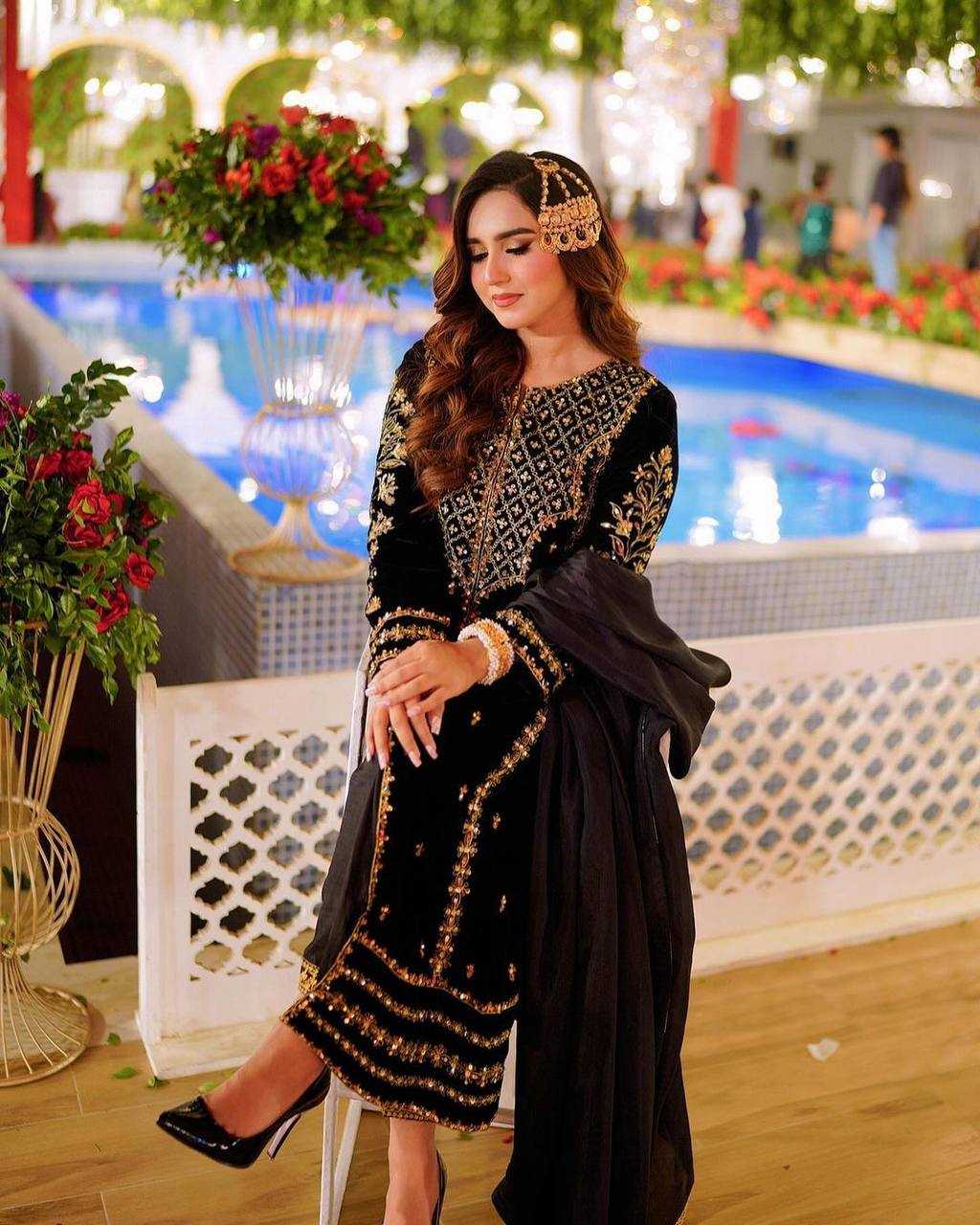 Pakistani Velvet Embroidered Black Salwar Suit