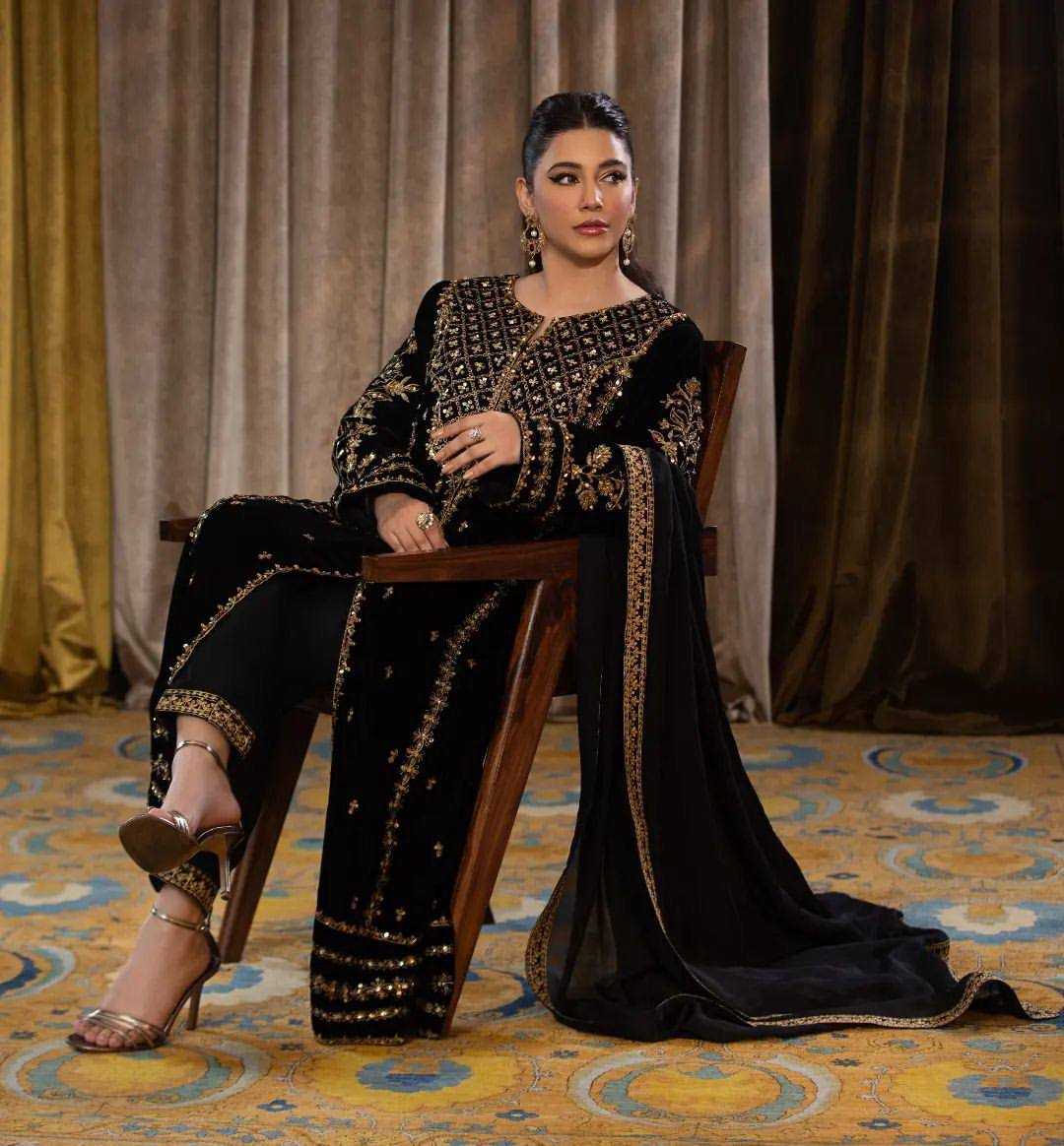 Pakistani Velvet Embroidered Black Salwar Suit