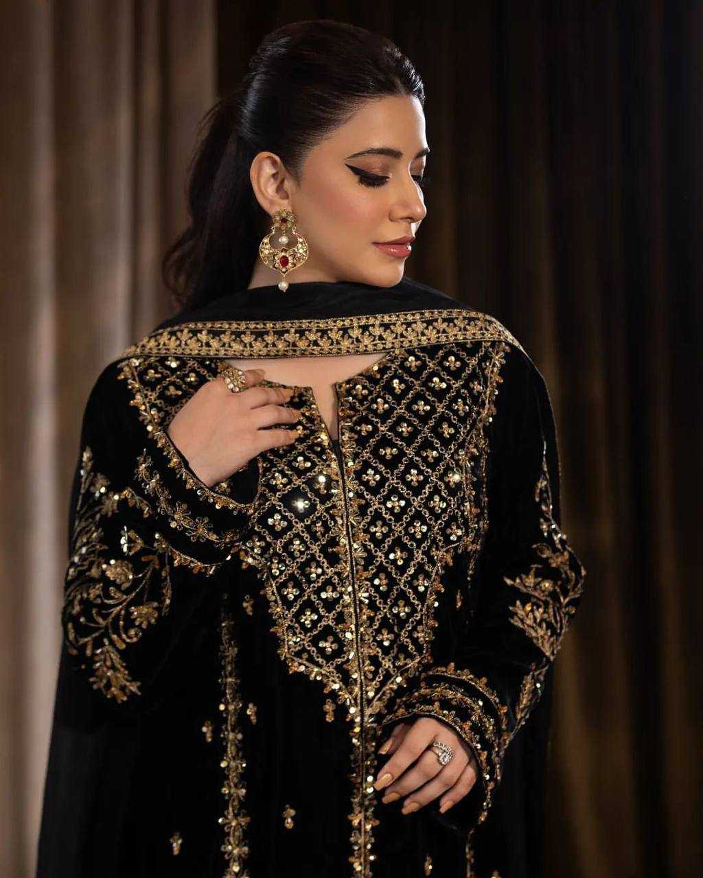 Pakistani Velvet Embroidered Black Salwar Suit