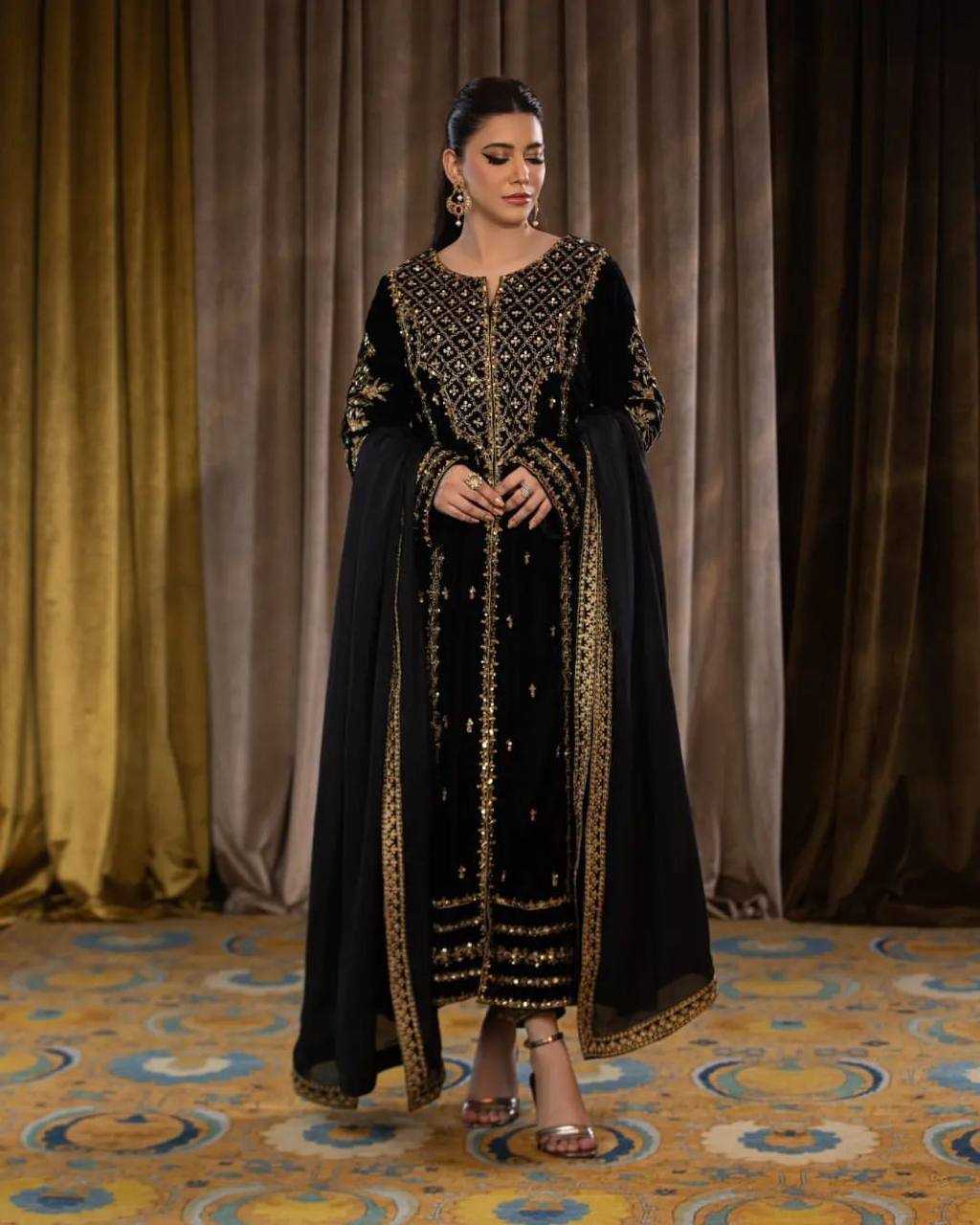 Pakistani Velvet Embroidered Black Salwar Suit