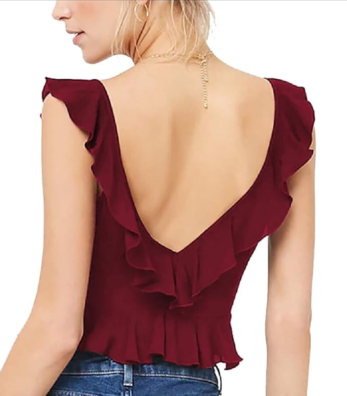 Women Summer Cute V Neck Sleeveless Ruffle Crop Tops Blouse