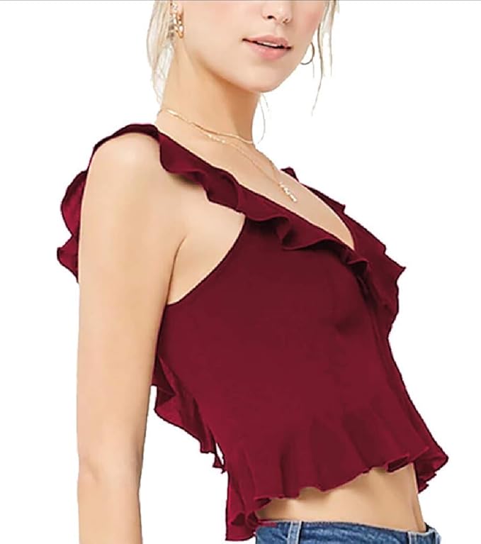 Women Summer Cute V Neck Sleeveless Ruffle Crop Tops Blouse