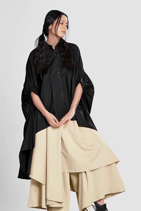 Exaggerated Sleeves Shirt Dress in Black