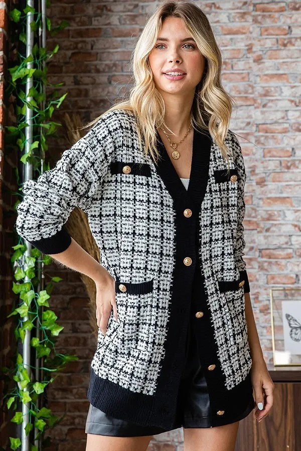 Checked Oversize Chunky Wool Knit Tweed Cardigan With Gold Buttons