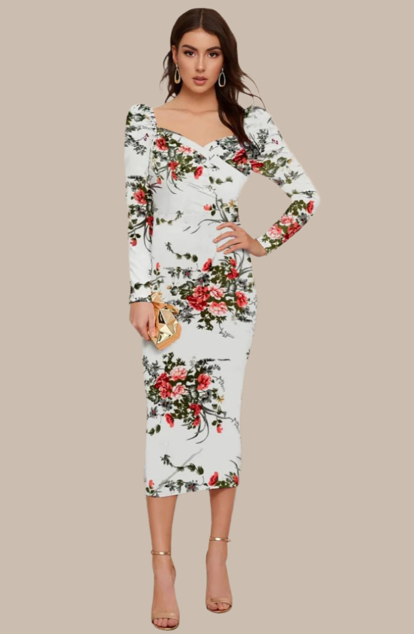 Shein- Floral Print Off Shoulder Sweetheart Neck Bodycon Dress