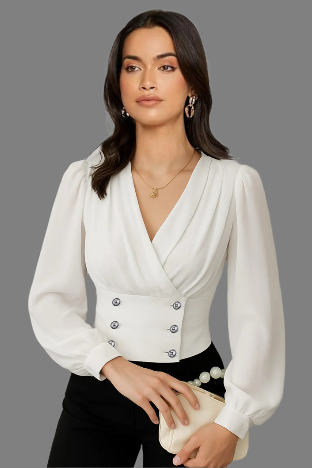 Dazzle -V Neck Puff Long Sleeve Button Top