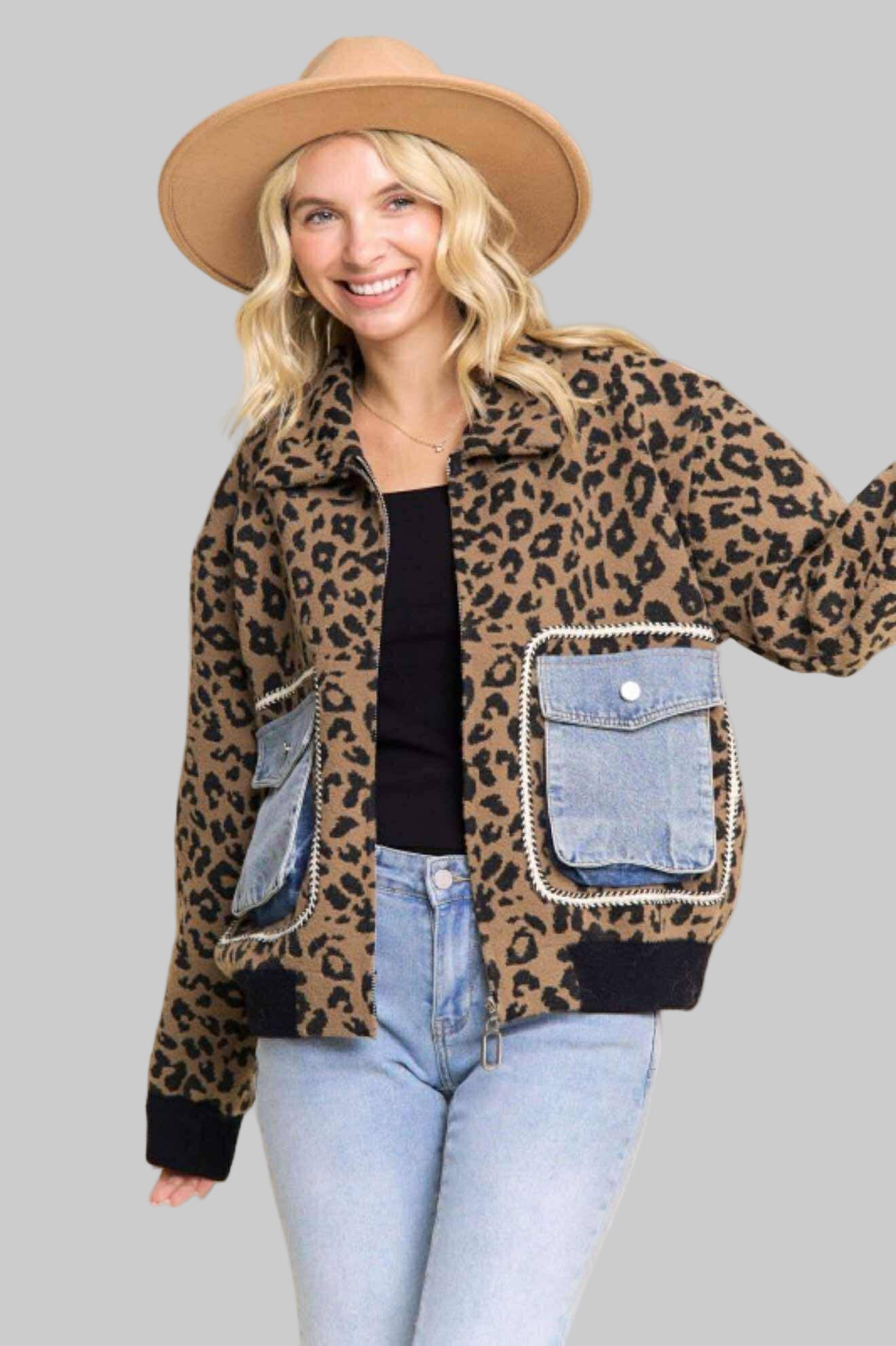 Helios Leopard print with blue denim Pockets Jacket