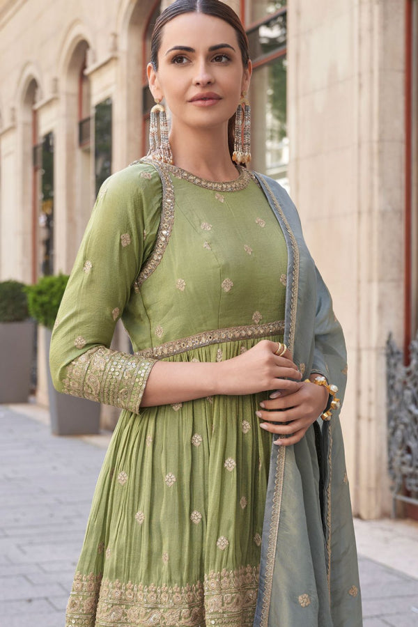 Pistachio Green Embroidered Shimmer Designer Sarara Kameez