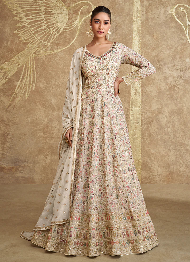 Off-White Georgette Embroidered Floral Anarkali with Dupatta