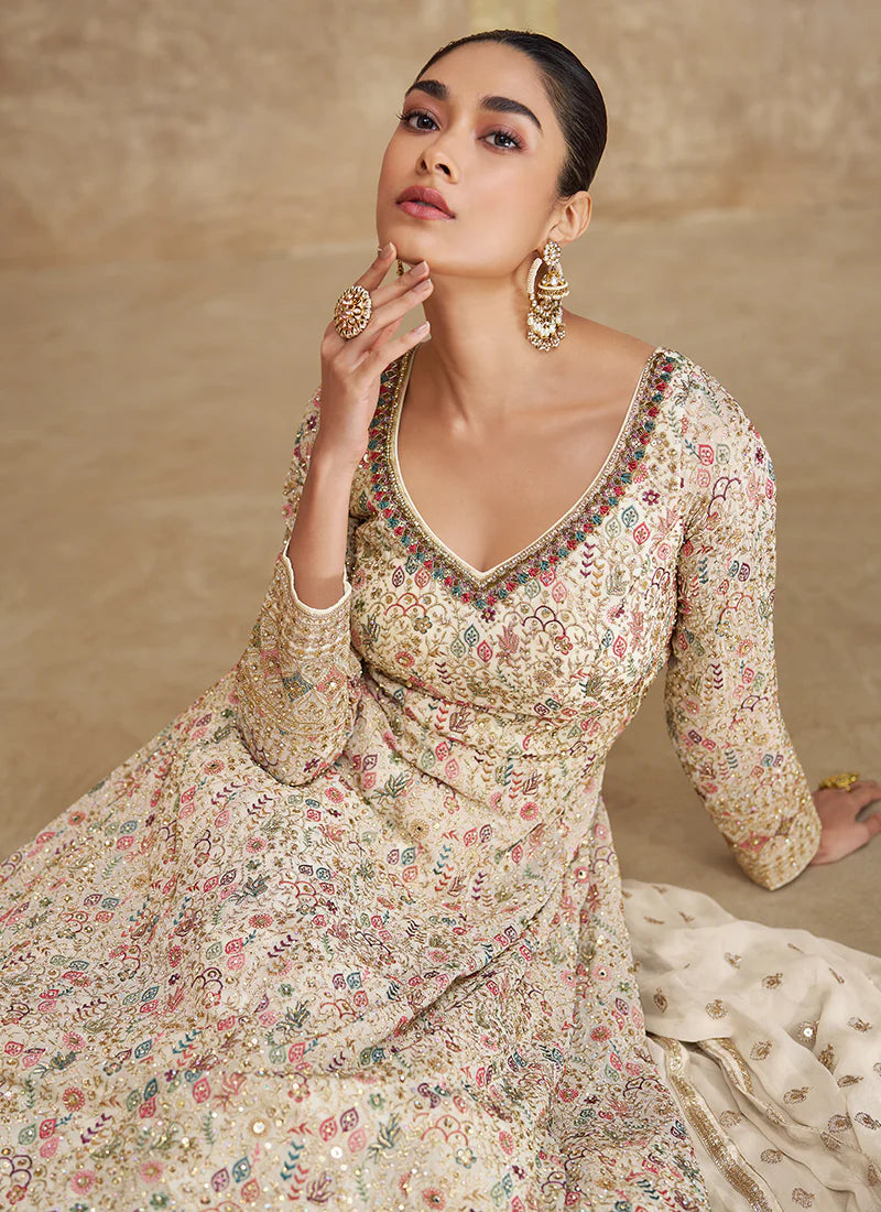 Off-White Georgette Embroidered Floral Anarkali with Dupatta