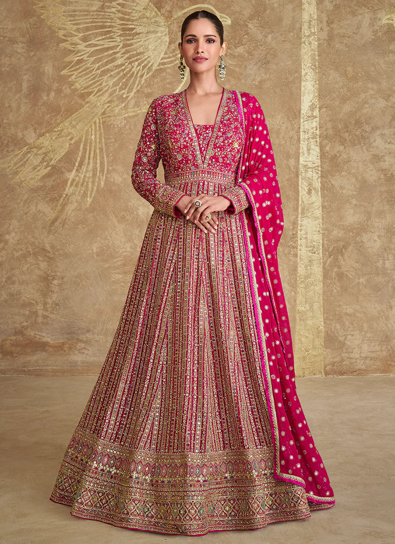 Hot Pink Georgette Embroidered Anarkali Dress with Dupatta