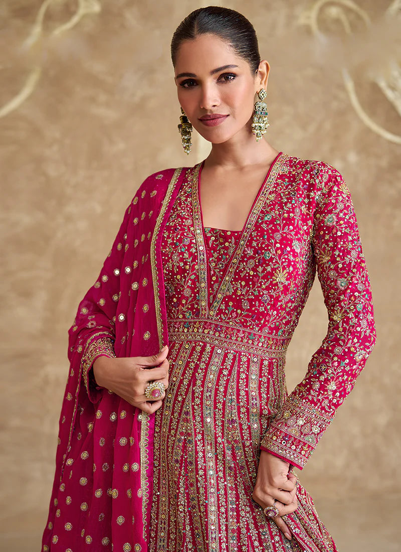 Hot Pink Georgette Embroidered Anarkali Dress with Dupatta