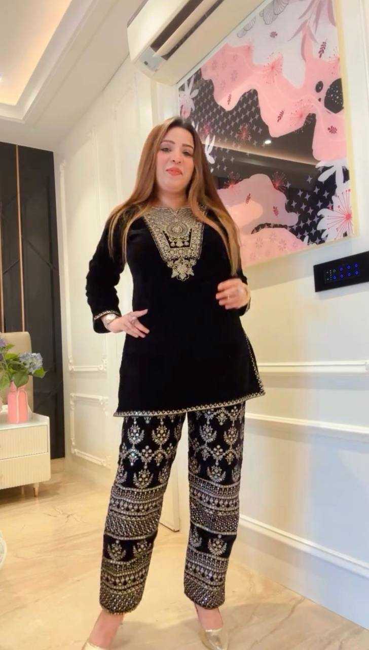 Embropidery Velvet Party Wear Black Suit