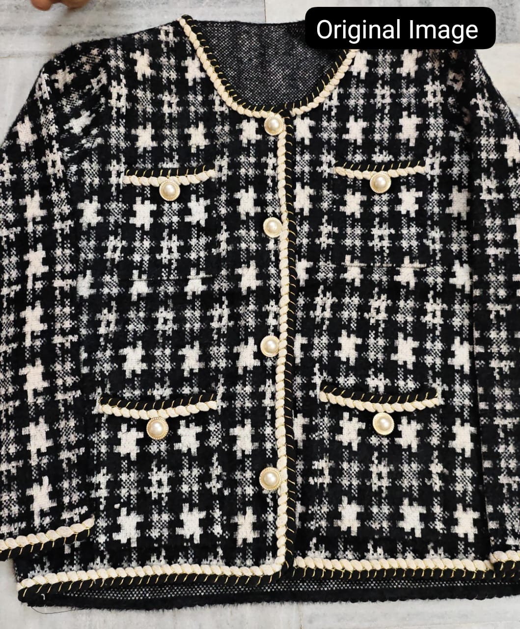 Tweed Jacket With Round Neck for Women with Pockets - Black and White