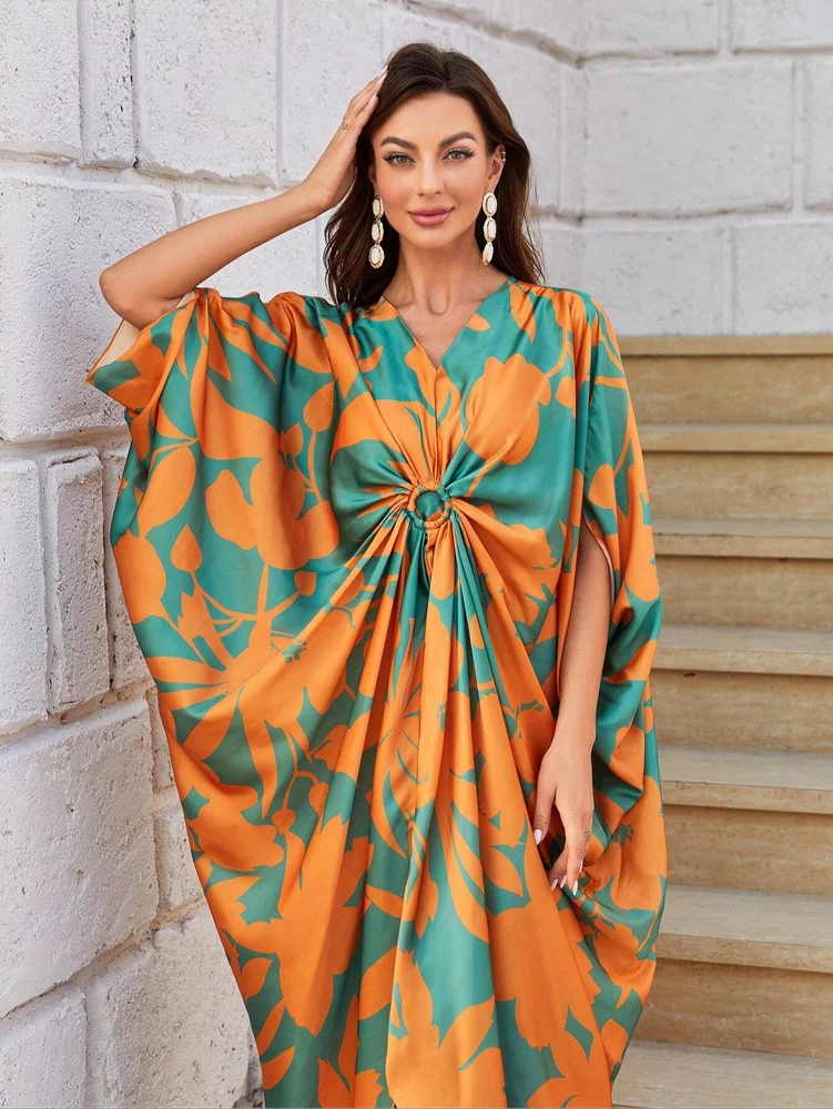 Women's Elegant Calf-Length Kaftan with Vibrant Floral Print, Crafted from Luxurious Milk Silk Fabric