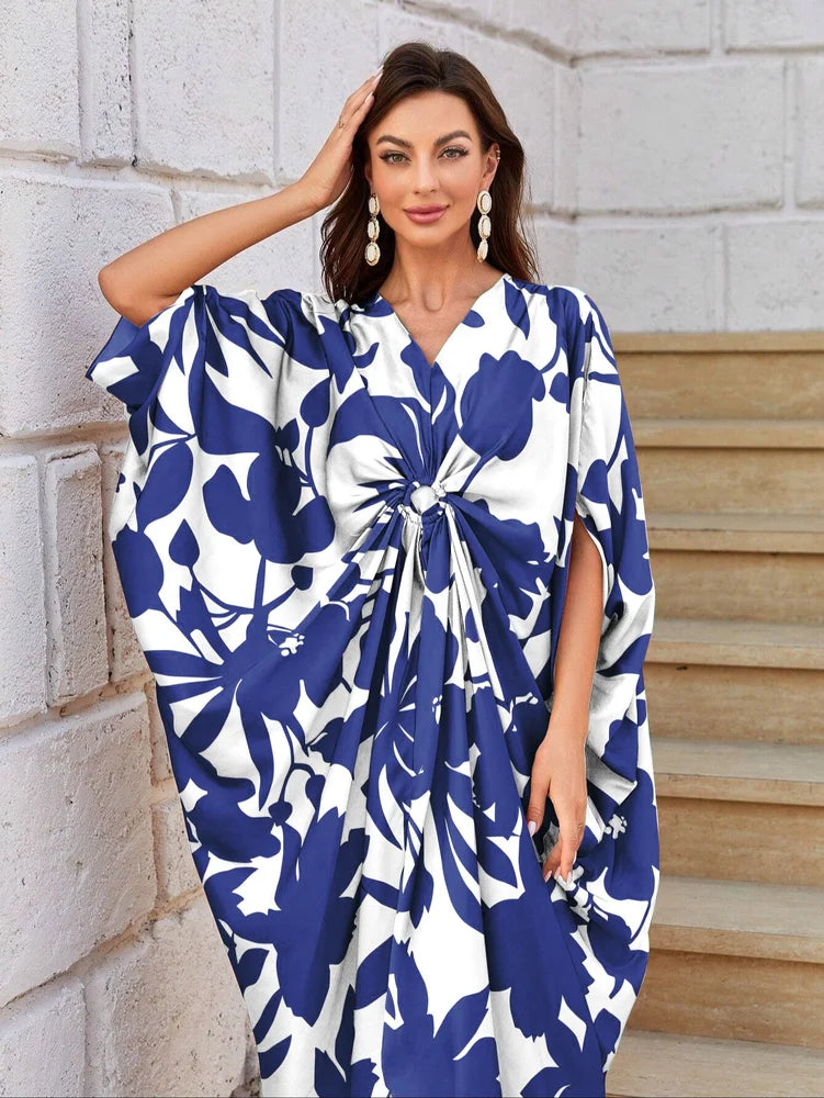 Women's Calf-Length Plus Size Kaftan with Vibrant Floral Print - Luxurious Milk Silk Fabric for Casual.