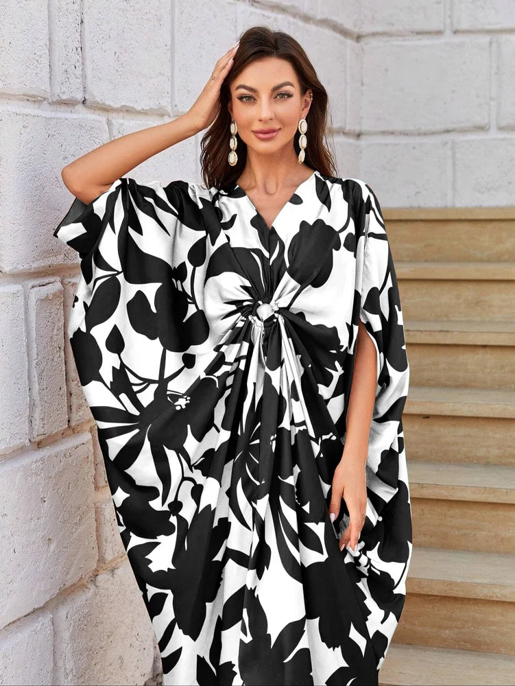 Women's Calf-Length Plus Size Kaftan with Vibrant Floral Print - Luxurious Milk Silk Fabric for Casual.