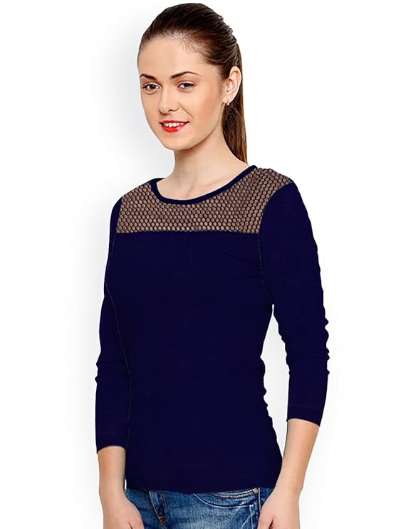 Beautiful Large Sized Blue Color Knitted Polyester Fabric Top for Women