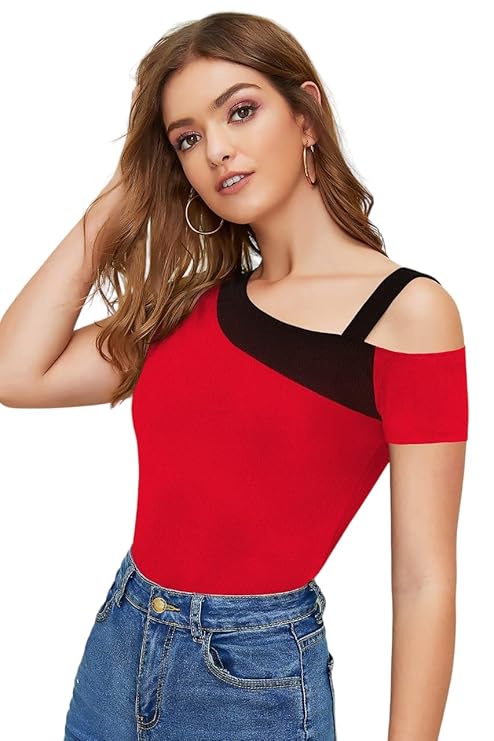 Casual Cold Shoulder Sleeves Color Block Women Red, Black Top