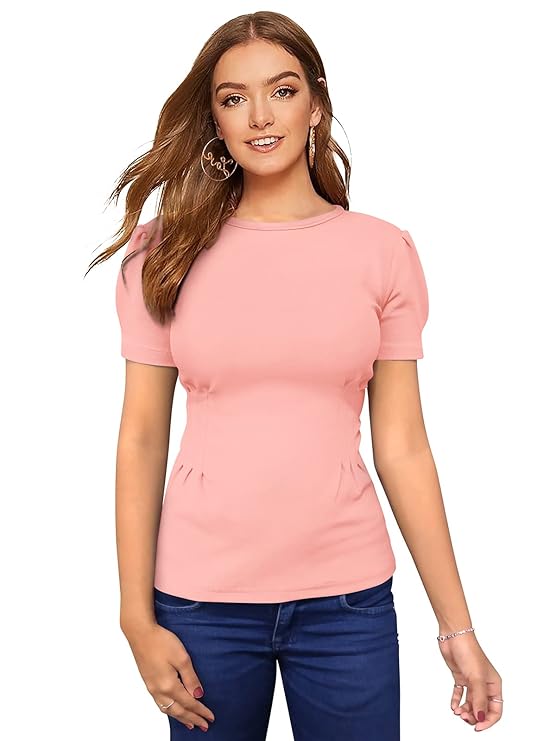 Casual Puff Sleeves Solid Women Pink Top