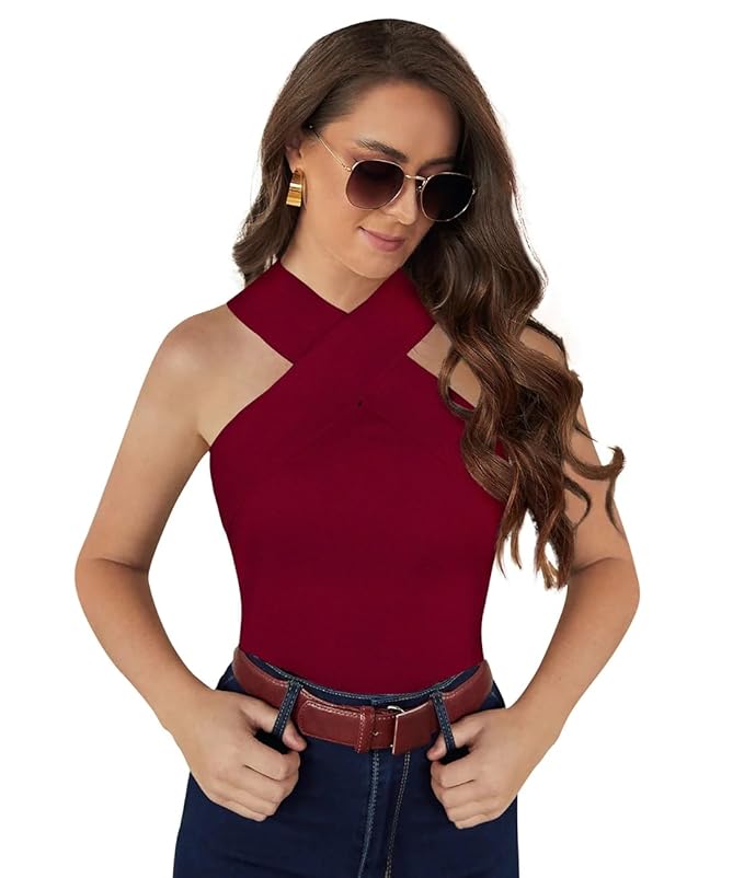 Casual Sleeveless Solid Women Maroon Top