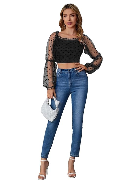 Casual Puff Sleeves Solid Women Black Top