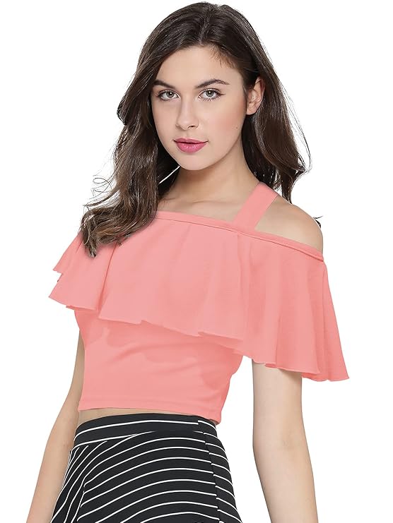 Women's One Side Shoulder Strip and Flare Sleeve with Round Neck Popular Crop Top