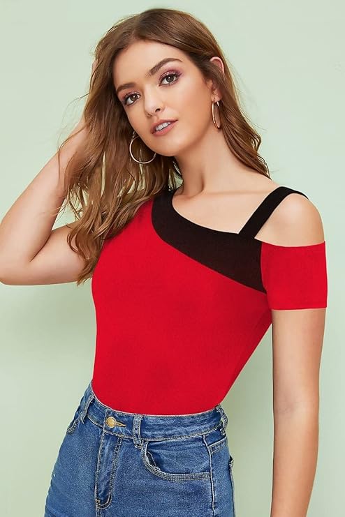 Casual Cold Shoulder Sleeves Color Block Women Red, Black Top