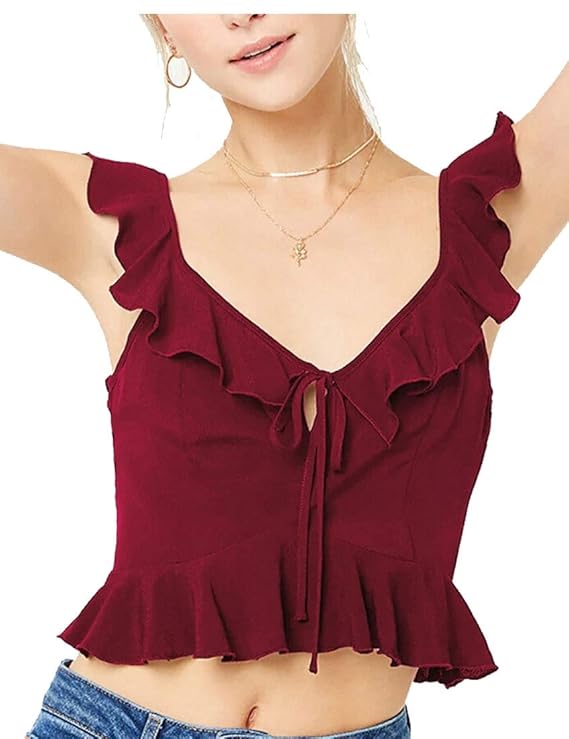 Women Summer Cute V Neck Sleeveless Ruffle Crop Tops Blouse