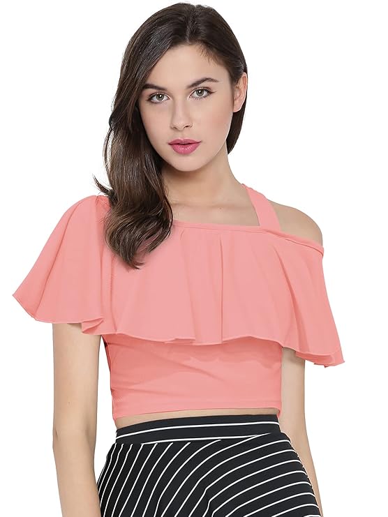 Women's One Side Shoulder Strip and Flare Sleeve with Round Neck Popular Crop Top