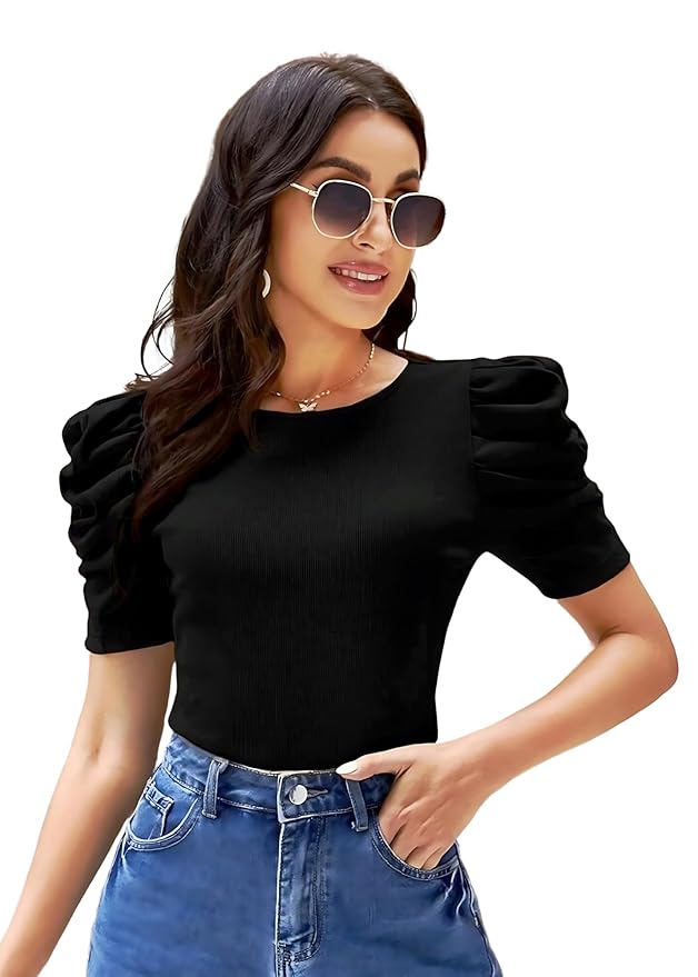 Stylish Solid Puff Sleeves Rib Stretchable Top for Women Regular Fit