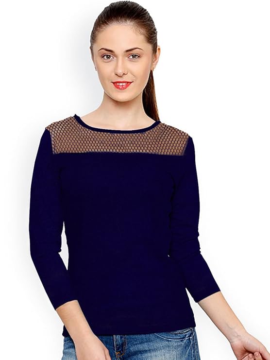 Beautiful Large Sized Blue Color Knitted Polyester Fabric Top for Women