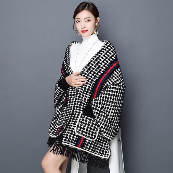 James Checkers Striped Shawl Poncho with Arm Holes And Pocket