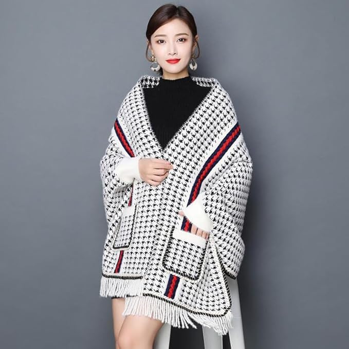 James Checkers Striped Shawl Poncho with Arm Holes And Pocket