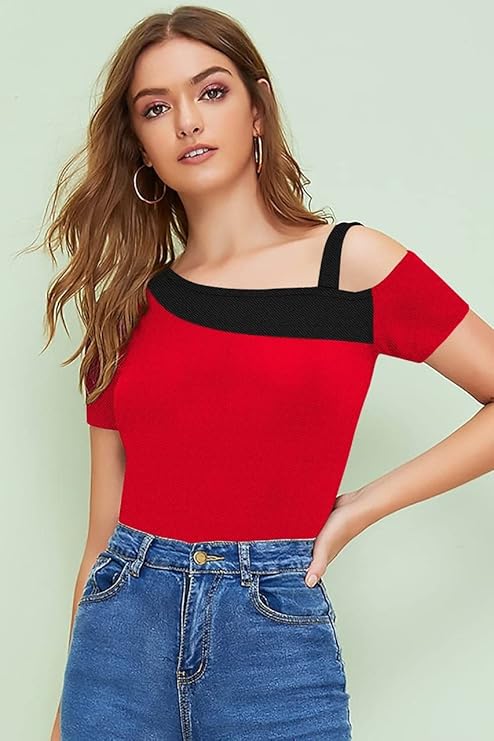 Casual Cold Shoulder Sleeves Color Block Women Red, Black Top