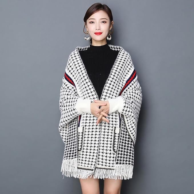 James Checkers Striped Shawl Poncho with Arm Holes And Pocket