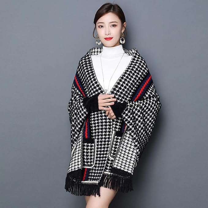 James Checkers Striped Shawl Poncho with Arm Holes And Pocket