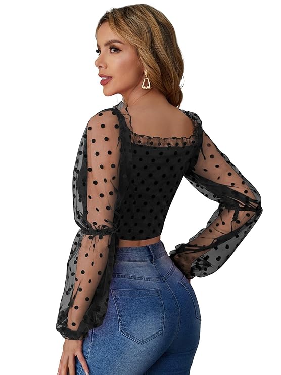 Casual Puff Sleeves Solid Women Black Top