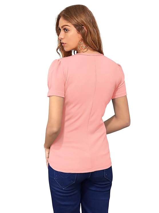 Casual Puff Sleeves Solid Women Pink Top