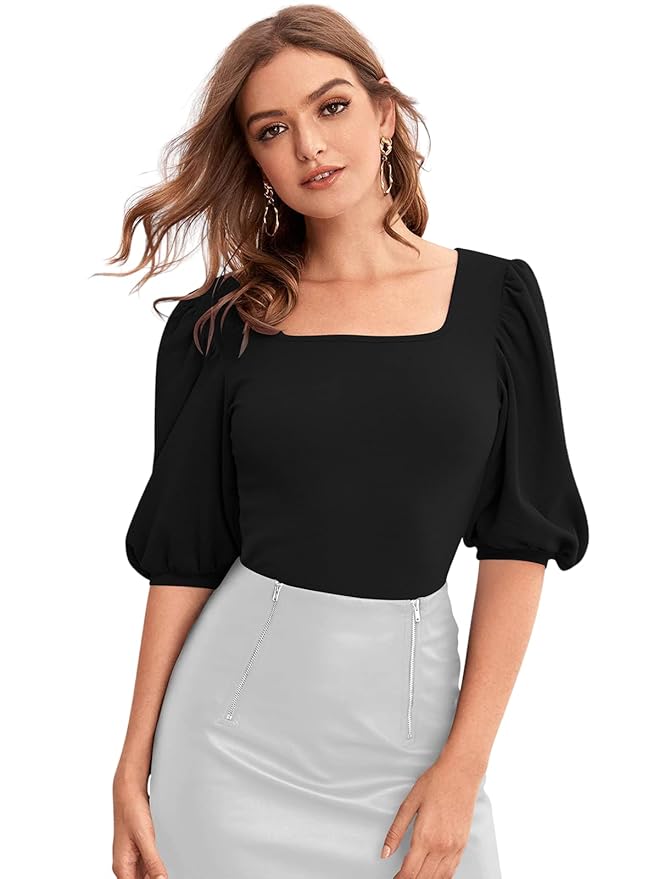 Casual Puff Sleeves Solid Women Top